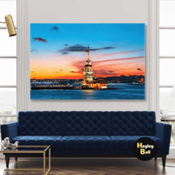 maiden's tower istanbul maiden's tower flying birds sunset landscape roll up canvas, stretched canvas art, framed wall a