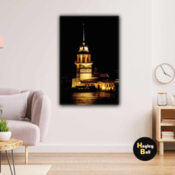 maiden's tower istanbul night landscape yellow light roll up canvas, stretched canvas art, framed wall art painting