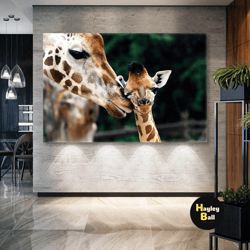 mother giraffe kissing cute giraffe forest roll up canvas, stretched canvas art, framed wall art painting