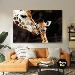 mother kissing cute giraffe giraffe cute animal roll up canvas, stretched canvas art, framed wall art painting-1