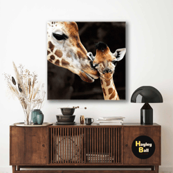 mother kissing cute giraffe giraffe cute animal roll up canvas, stretched canvas art, framed wall art painting