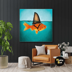 motivation canvas art, fish wearing a shark fin, funny wall canvas art roll up canvas, stretched canvas art, framed wall