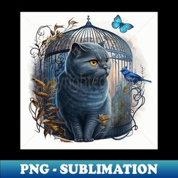 british shorthair emerging from a bird cage - premium sublimation digital download