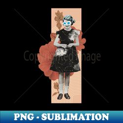 vintage little girl with blue glasses and galaxy dress rose - modern sublimation png file