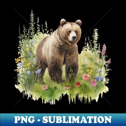 watercolor picture of a brown bear and beautiful colored flowers. 1 - aesthetic sublimation digital file