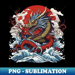 dragon against the backdrop of a setting sun bathed in ocean waves - exclusive sublimation digital file