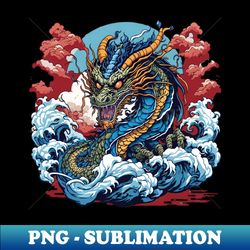 dragon against the backdrop of a setting sun bathed in ocean waves - creative sublimation png download