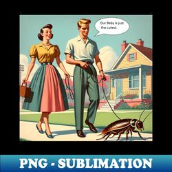 Suburban Stroll 1950s Parents Walking Their Pet Cockroach - Modern Sublimation PNG File