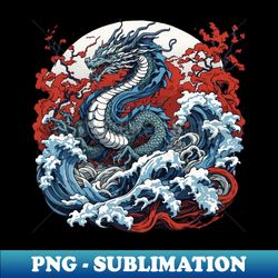 dragon against the backdrop of a setting sun bathed in ocean waves - unique sublimation png download