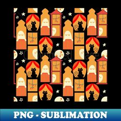 halloween windows at night with ghost and black cats - exclusive sublimation digital file