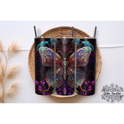 Butterfly Neon Stained 20 Oz, Tumbler 20 oz Wrap PNG, Skinny Tumbler Designs PNG