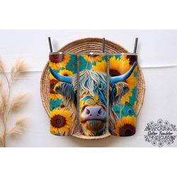 Highland Cow Sunflowers  20 Oz, Tumbler 20 oz Wrap PNG, Skinny Tumbler Designs PNG