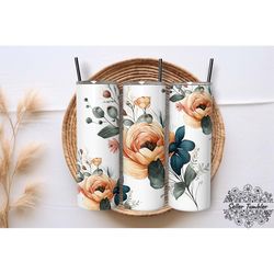 Watercolor Navy Flowers 20 Oz, Tumbler 20 oz Wrap PNG, Skinny Tumbler Designs PNG