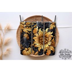 Gold Black Floral Botanical Seamless Tumbler 20 oz Wrap PNG, Tumbler Wraps, Tumbler PNG, Skinny Clipart