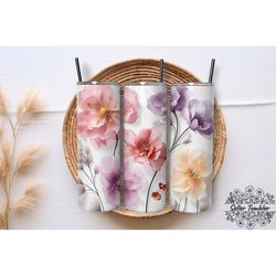 white pink flowers sublimation tumbler 20 oz wrap png, tumbler wraps, tumbler png, skinny clipart