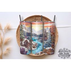 embroidered winter landscape tumbler 20 oz wrap png, tumbler wraps, tumbler png, skinny clipart