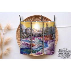 embroidered winter landscape tumbler 20 oz wrap png, tumbler wraps, tumbler png, skinny clipart