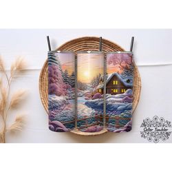 embroidered winter landscape tumbler 20 oz wrap png, tumbler wraps, tumbler png, skinny clipart