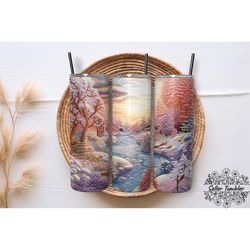 embroidered winter landscape tumbler 20 oz wrap png, tumbler wraps, tumbler png, skinny clipart