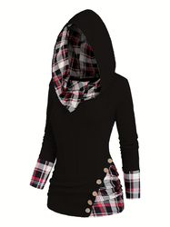 Plaid Splicing Button Decor Cable Hoodie - Casual Long Sleeve Hoodie - Women's Clothing