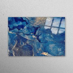 glass wall art, glass art, wall decor, blue and gold marble, blue wall decoration, blue marble glass decor, modern glass