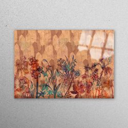 glass wall art, mural art, glass wall decor, botanical painting, flower wall decor, modern floral wall decoration, brown