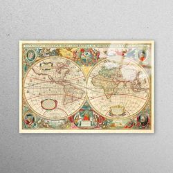 glass wall art, mural art, tempered glass, antique world map wall art, school wall art, classroom wall decor, old map gl