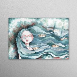 glass wall art, mural art, wall art, girl with blue hair illustration, abstract boat wall decor, girl glass wall,