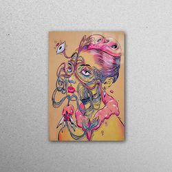 glass wall art, mural art, wall decoration, surrealist woman drawing, abstract woman glass wall, abstract glass printing