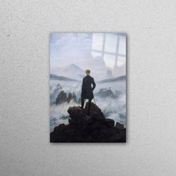 glass wall art, tempered glass, glass art, famous glass decor, wanderer above the sea of fog wall art, caspar david glas