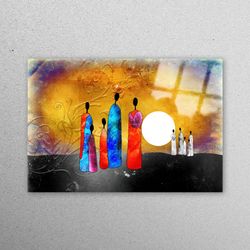 glass wall decor, wall decor, glass wall art, african family painting, ethnic wall decoration, african people tempered g