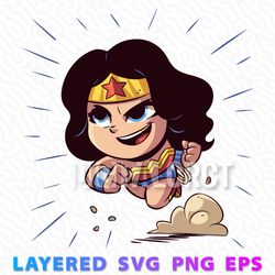 dynamic wonder woman illustration in layered svg, png, and eps