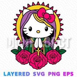 hello kitty inspired religious icon with roses - layered svg, png, eps for crafting and decoration