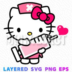 hello kitty nurse with syringe and heart - layered svg, png, eps for medical-themed crafts