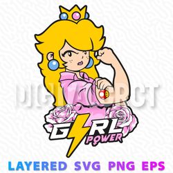 powerful princess peach. a layered svg, png, and eps design featuring a strong female character