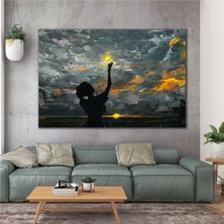 oil painting effect illustration glowing butterfly night city landscape roll up canvas, stretched canvas art, framed wal