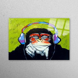 wall decor, mural art, glass, thinkin monkey painting, banksy glass art, music tempered glass, abstract monkey glass art