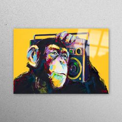 wall decor, mural art, wall art, graffiti monkey tempered glass, dj monkey glass wall art, animal glass wall,