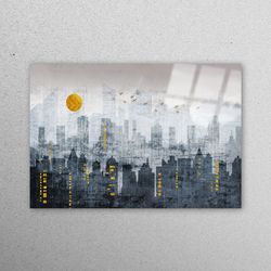 wall decor, tempered glass, glass, gold moon wall decoration, landscape wall decor, city silhouette glass wall art,