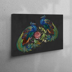 wall decor, wall art canvas, large canvas, embroidery peacock canvas print, modern canvas decor, vintage printed, peacoc