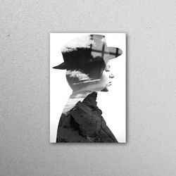 wall decor, wall art, glass printing, girl wearing hat profile and mountains, modern glass wall art, abstract woman glas