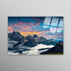 wall art, wall decoration, glass printing, tre cime di lavaredo, sunset landscape glass wall art, landscape wall art,