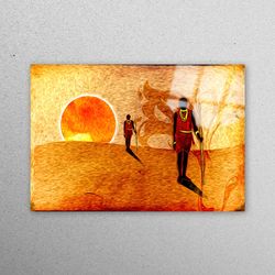 wall decoration, tempered glass, mural art, two african in desert, african man wall decor, desert landscape wall decor,