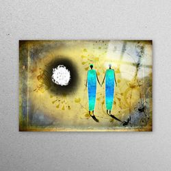 wall decoration, wall art, wall decor, african couple and full moon, abstract couple tempered glass, moon landscape glas