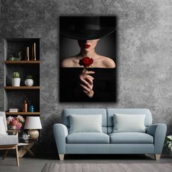 woman in black hat rose red lipstick roll up canvas, stretched canvas art, framed wall art painting