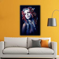 woman model make up with red flower buckles woman roll up canvas, stretched canvas art, framed wall art painting