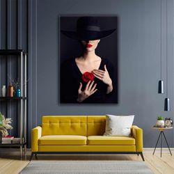 woman model with black hat and red lipstick rose flower roll up canvas, stretched canvas art, framed wall art painting