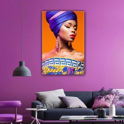 woman with red lipstick and purple scarf ethnic dress model woman african roll up canvas, stretched canvas art, framed w