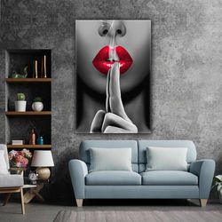 woman with red lipstick hush sign smoke cigarette lip kiss roll up canvas, stretched canvas art, framed wall art paintin