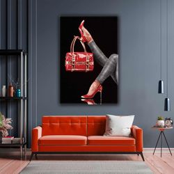 woman with red shoes and bag woman modern roll up canvas, stretched canvas art, framed wall art painting